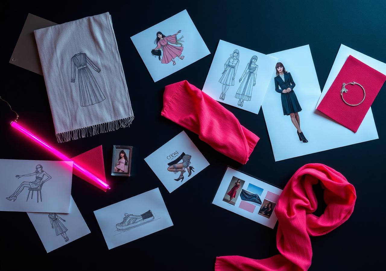 Fashion mood board with sketches and fabric swatches