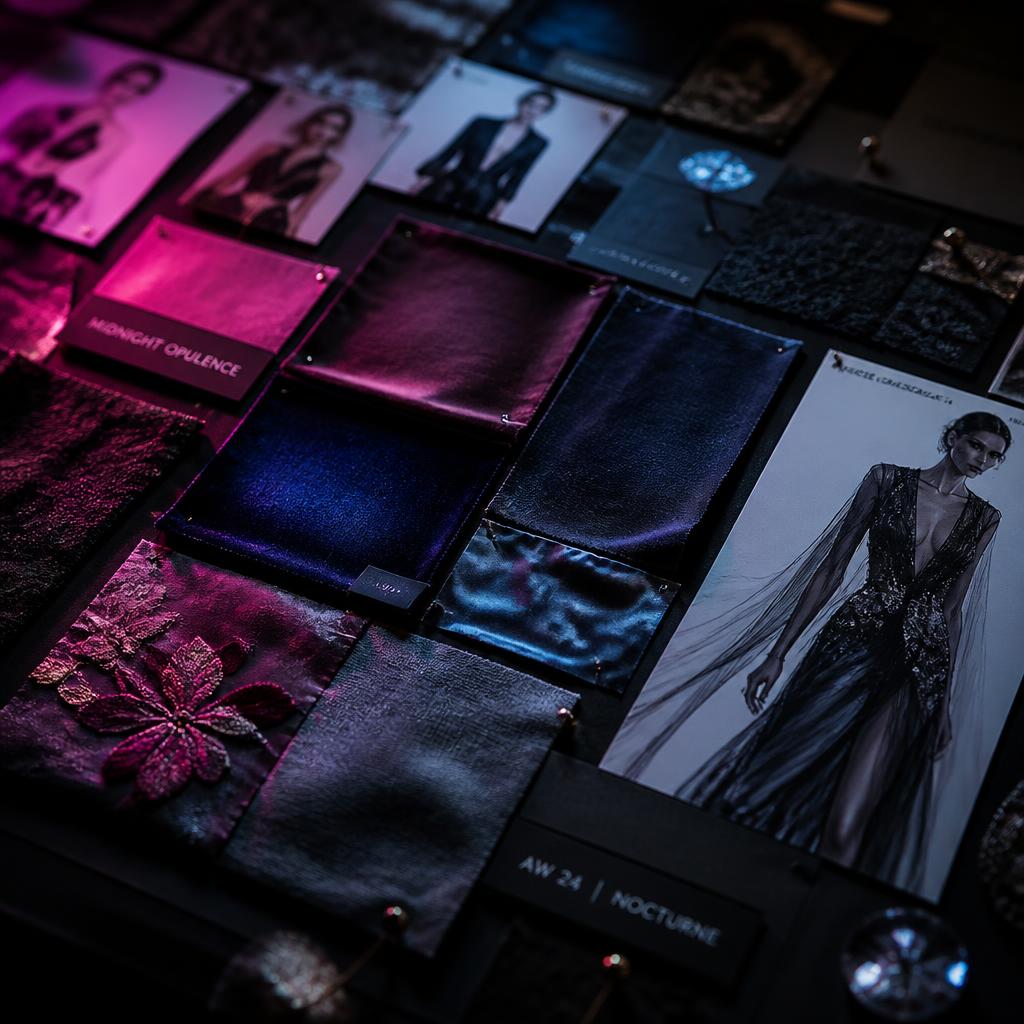 Luxury fashion mood board with fabric swatches and sketches