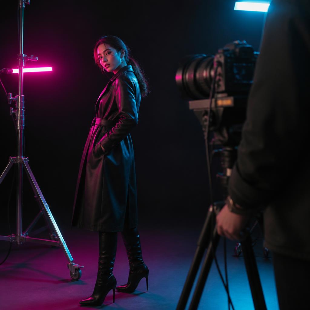 Fashion lookbook photoshoot with model and camera equipment