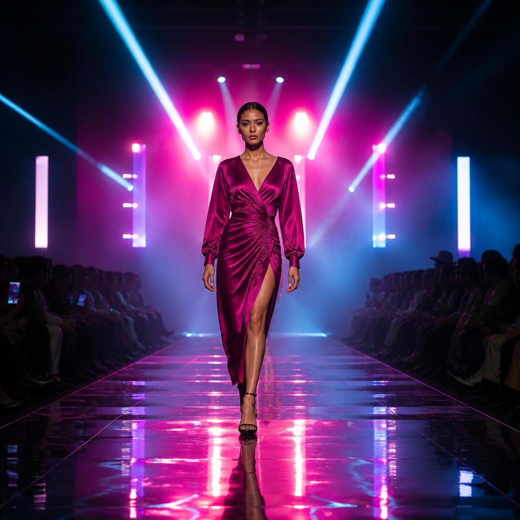 Model walking a neon-lit runway show