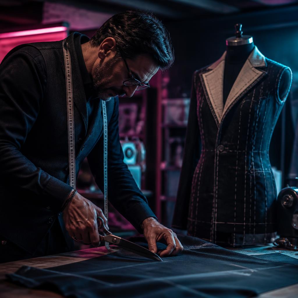 Tailor cutting fabric next to a prototype garment on a mannequin