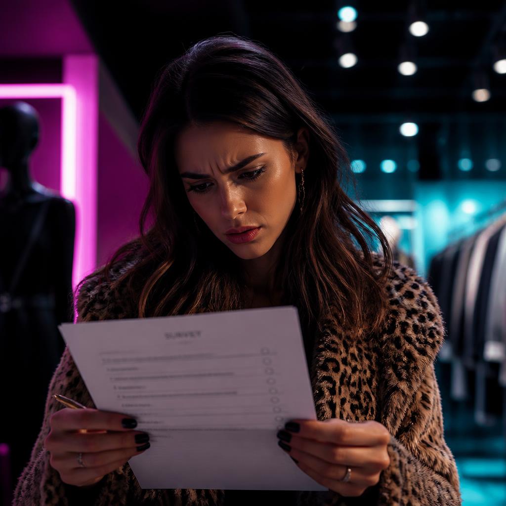 Shopper reviewing a biased survey in neon-lit boutique