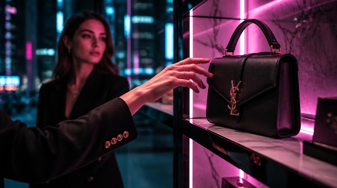 Shopper reaching for a luxury handbag in neon-lit boutique